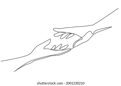 Continuous one line drawing two hands reaching for each other. Sign or symbol of love, hope, caring, helping. Communication with hand gestures Single line draw design vector graphic illustration