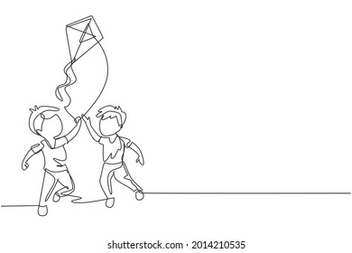 Continuous one line drawing two boy playing to fly kite up into the sky at outdoor field. Kids  playing kite in playground. Children with kites game and they look happy. Single line draw design vector