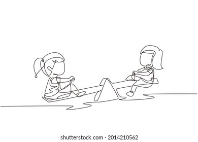 Continuous one line drawing two little girls swinging on seesaw. Kids having fun at playground. Cute kids playing seesaw together happily at park. Single line draw design vector graphic illustration