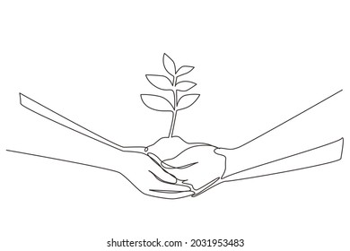 Continuous one line drawing two hands holding together a green young plant. Hand holding tree on nature field grass Forest conservation concept. Single line draw design vector graphic illustration