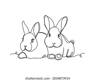 Continuous one line drawing of two little bunny rabbits icon in silhouette on a white background. Linear stylized.