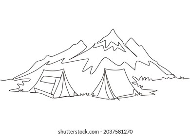 Continuous One Line Drawing Two Tents In Adventure Camping Night Landscape. Tent Camper Tourist Forest Mountain Expedition. Travel And Vacation Concept. Single Line Draw Design Vector Illustration