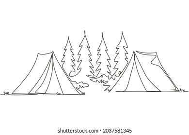 Continuous one line drawing two tents camping tourist pine forest mountain expedition. Travel, adventure, nature, expedition and vacation concept. Single line draw design vector graphic illustration