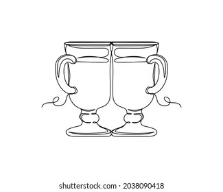 Continuous one line drawing of two  glasses of mulled wine new year christmas  concept icon in silhouette on a white background. Linear stylized.