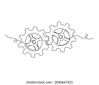 Continuous one line drawing of two cog gear wheel business concept in silhouette on a white background. Linear stylized.