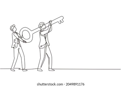 Continuous one line drawing two man hold together key to open locked door  Knowledge  partnership can lead to success  People carrying big key to have access to place  Single line draw design vector