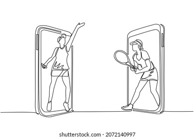 Continuous one line drawing two tennis players comes out from cellular phone ready to play. Two women tennis players play with rackets on court. Championship, training. Single line draw design vector