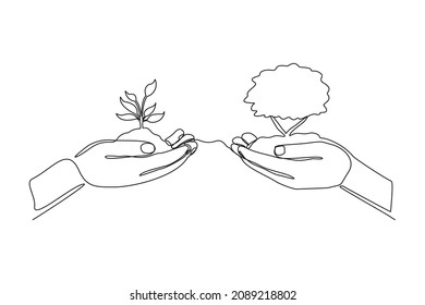 Continuous one line drawing two hands holding together a green young plant. Single one line hand holding tree. Forest conservation concept design vector graphic illustration