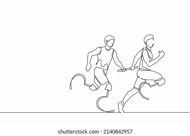 Continuous One Line Drawing Two Disable Runners With Prosthesis Leg, Disability Men, Amputee Athletes, Amputees Running In Relay Race Handing Over The Baton. Single Line Draw Design Vector Graphic