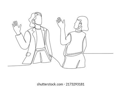 Continuous one line drawing Two women meeting and greeting each other, waving with hand. Communication concept. Single line draw design vector graphic illustration.