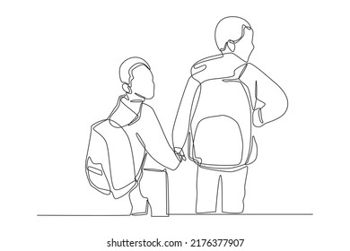 Continuous one line drawing two best friends studying together with bag on the their back going to class room. Back to school concept. Single line draw design vector graphic illustration.