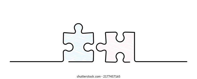 continuous one line drawing of two pieces of jigsaw on white background, puzzle game symbol and sign business metaphor of problem solving, solution, and strategy, vector illustration