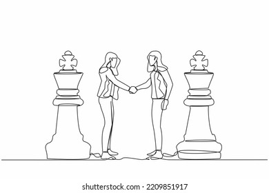 Continuous one line drawing two businesswomen shaking hands together while standing between of king chess pieces. Negotiation skill to deal with competitor. Single line draw design vector illustration