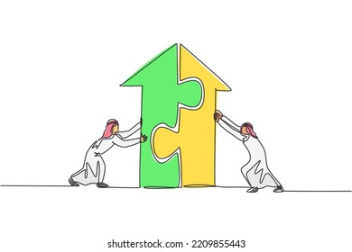Continuous one line drawing two young handsome Arabian male workers pushing puzzle pieces to build a building. Business teamwork minimalist concept. Single line draw design vector graphic illustration