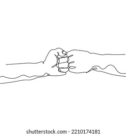 Continuous one line drawing two hands make fist bump. Sign or symbol of power, hitting, attack, force. Communication with hand gestures. Single line design vector graphic illustration