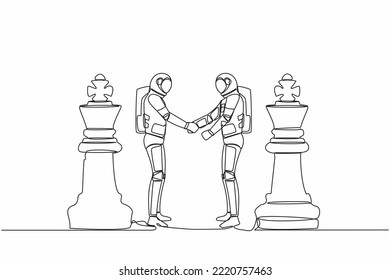 Continuous one line drawing of two astronaut shaking hands together while standing between of king chess pieces. Agreement or partnership. Cosmonaut outer space. Single line design vector illustration