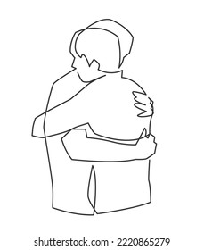 Continuous one line drawing of two close friends meeting hugging each other. The concept of friendship, emotional support, comfort someone, father and son.