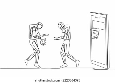 Continuous one line drawing two basketball players astronaut in action during game out of smartphone screen. Online basketball game. Cosmonaut outer space. Single line draw design vector illustration