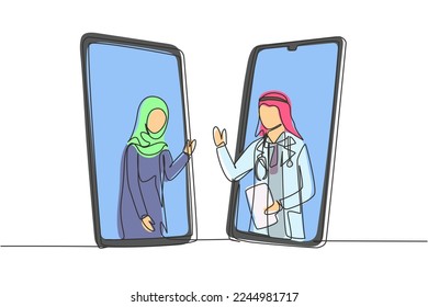 Continuous one line drawing two smartphones face to face and contain hijab female patient and Arab male doctor with their bodies as if coming out of smartphone. Single line draw design vector graphic