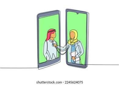 Continuous one line drawing two smartphones facing each other with hijab female doctor checking heart rate of Arab male patient using stethoscope. Single line draw design vector graphic illustration