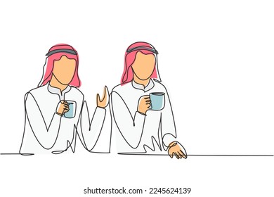 Continuous one line drawing two young Arab men sitting over a cup of coffee and talking about work plans in the office. Success lifestyle concept. Single line draw design vector graphic illustration