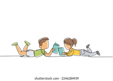 Continuous one line drawing two kids boy and girl reading, learning and laying down on the floor. Study at home. Smart students, education concept. Single line draw design vector graphic illustration