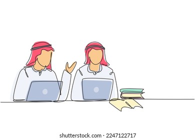 Continuous one line drawing two young Arabian man studying with laptop and pile of books. Back to school, smart students, online education concept. Single line draw design vector graphic illustration