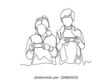 Continuous one line drawing Two little boys using smartphones to play mobile games. Hangouts With Friends concept. Single line draw design vector graphic illustration.