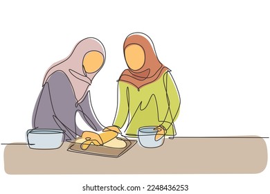 Continuous one line drawing two Arabian woman making cookie dough using rolling pin at cozy kitchen table. Making bakery and homemade pizza at home. Single line draw design vector graphic illustration