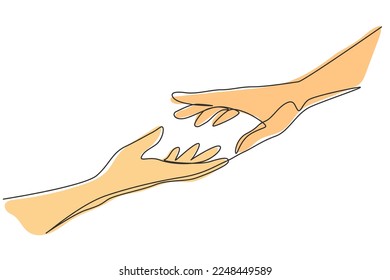 Continuous one line drawing two hands reaching for each other. Sign or symbol of love, hope, caring, helping. Communication with hand gestures Single line draw design vector graphic illustration