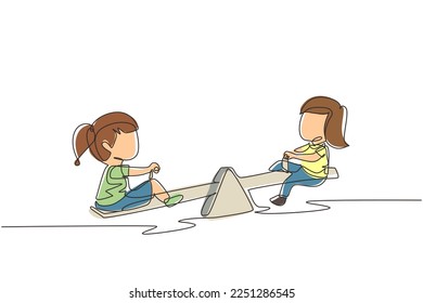Continuous one line drawing two little girls swinging on seesaw. Kids having fun at playground. Cute kids playing seesaw together happily at park. Single line draw design vector graphic illustration
