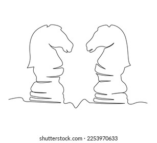 Continuous one line drawing of two chess knight. simple chess knight battle line art vector illustration.