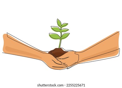 Continuous one line drawing two hands holding together a green young plant. Hand holding tree on nature field grass Forest conservation concept. Single line draw design vector graphic illustration