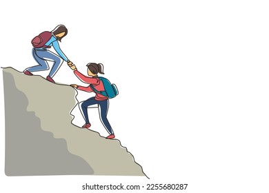 Continuous one line drawing two people woman success on peak of mountain. Team of climbers helping hand on mountain top. Teamwork hiking, trust assistance in mountains. Single line draw design vector