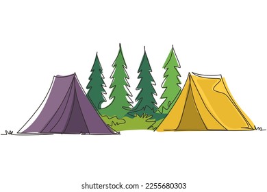 Continuous one line drawing two tents camping tourist pine forest mountain expedition. Travel, adventure, nature, expedition and vacation concept. Single line draw design vector graphic illustration