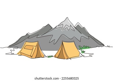 Continuous one line drawing two tents in adventure camping night landscape. Tent camper tourist forest mountain expedition. Travel and vacation concept. Single line draw design vector illustration