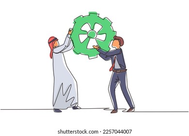 Continuous one line drawing two Arabian business men hold cogwheel work together ponder think strategy concept. Businessmen lifting gear. Collaboration. Single line draw design vector illustration