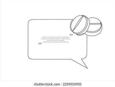 Continuous one line drawing of two pills and speech bubble. Trendy line art vector on a white background. Vector illustration.