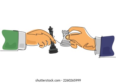 Continuous one line drawing two man's hands with king and rook chess pieces. Vintage engraving stylized drawing. Sport, competition, competitive. Single line draw design vector graphic illustration