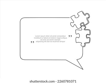 Continuous one line drawing of two piece jigsaw and speech bubble. Trendy line art vector on a white background. Vector illustration.