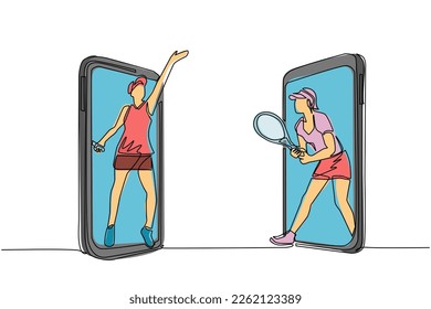 Una línea contínua dibujando a dos jugadores de tenis sale del teléfono celular listo para jugar. Dos jugadoras de tenis juegan con raquetas en la cancha. Campeonato, entrenamiento. Vector de diseño de tracción de línea única