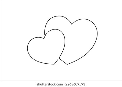 Continuous one line drawing of Two hearts from one black line. Picture for decoration of festive illustrations for the holiday of all lovers.