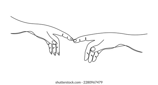 Continuous one line drawing two hands touch each other. Reconciliation concept.  The concept of tender relationships, mutual assistance. Vector illustration
