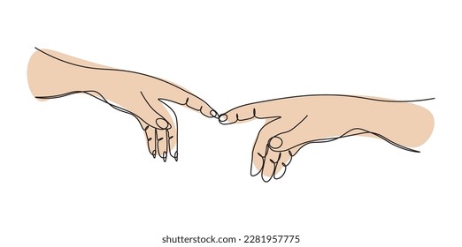 Continuous one line drawing two hands touch each other. Reconciliation concept.  The concept of tender relationships, mutual assistance. Vector illustration