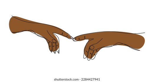 Continuous one line drawing two hands touch each other. Reconciliation concept.  The concept of tender relationships, mutual assistance. Vector illustration