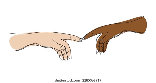 Continuous one line drawing two hands touch each other. Reconciliation concept.  The concept of tender relationships, mutual assistance. Vector illustration
