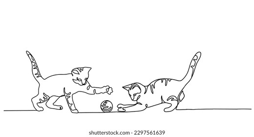 Continuous one line drawing 
of two kittens playing with ball of yarn. Black linear silhouette isolated on white background  . Handdrawn line art in trendy minimalist design.
Vector illustration