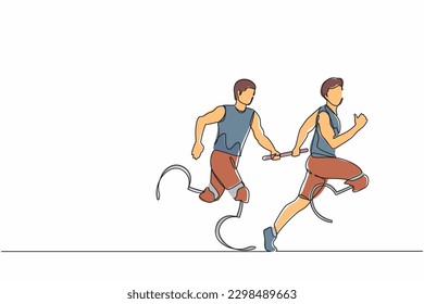 Continuous one line drawing two disable runners with prosthesis leg, disability men, amputee athletes, amputees running in relay race handing over the baton. Single line draw design vector graphic svg