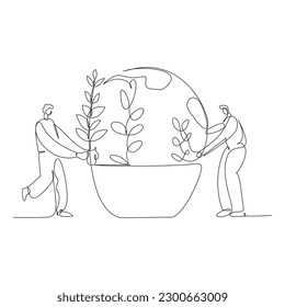 Continuous one line drawing of two people watering a plant in a pot. Globe Green world environment day concept illustration