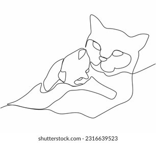 Continuous one line drawing two sleeping cats  Simple ink drawing sitting cats cute vector illustration  animals minimalistic line art 